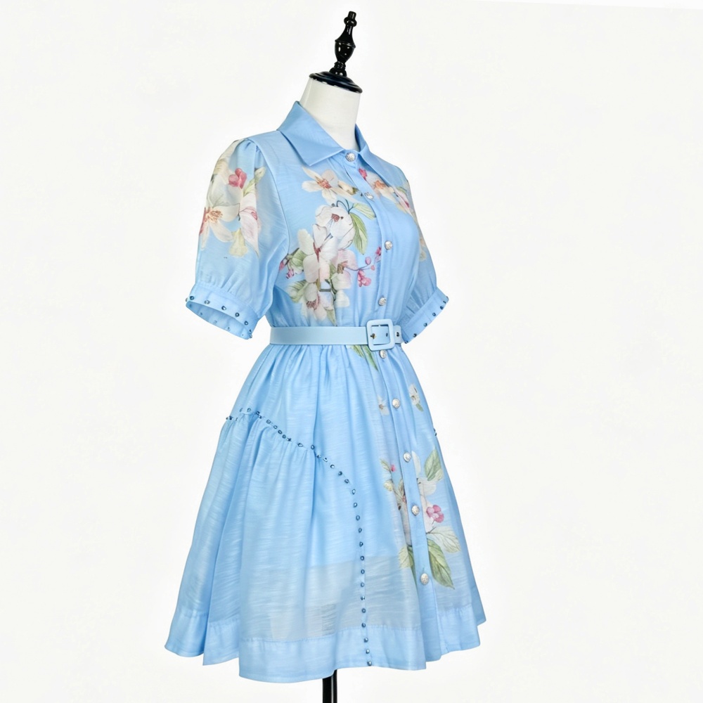 Slim pastoral style) T-back short sleeve rhinestone dress