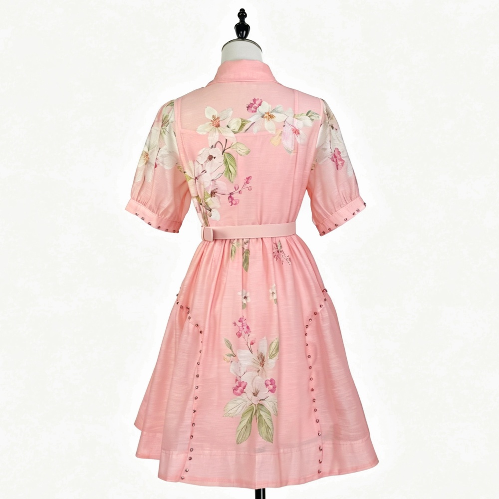 Slim pastoral style) T-back short sleeve rhinestone dress