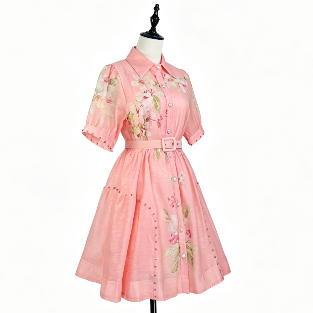Slim pastoral style) T-back short sleeve rhinestone dress