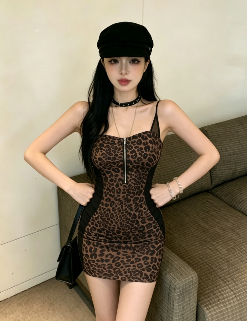 Leopard fashion splice sling European style dress for women