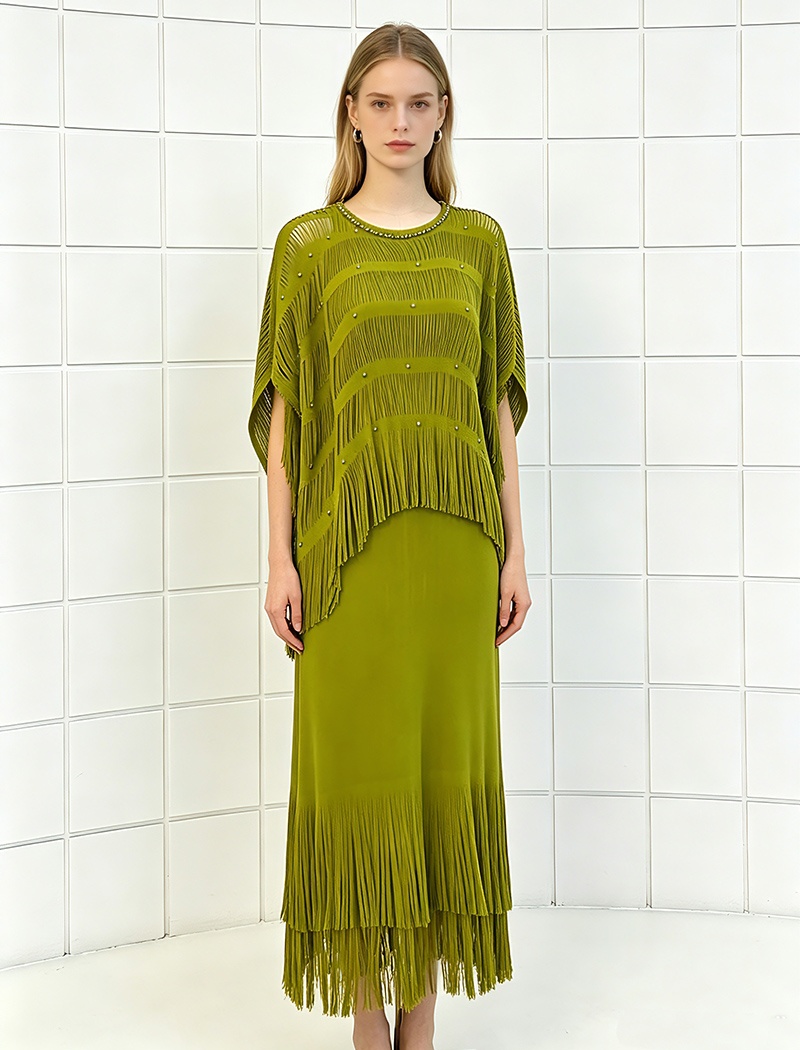 Tassels loose hollow fold fashion bat sleeve dress for women