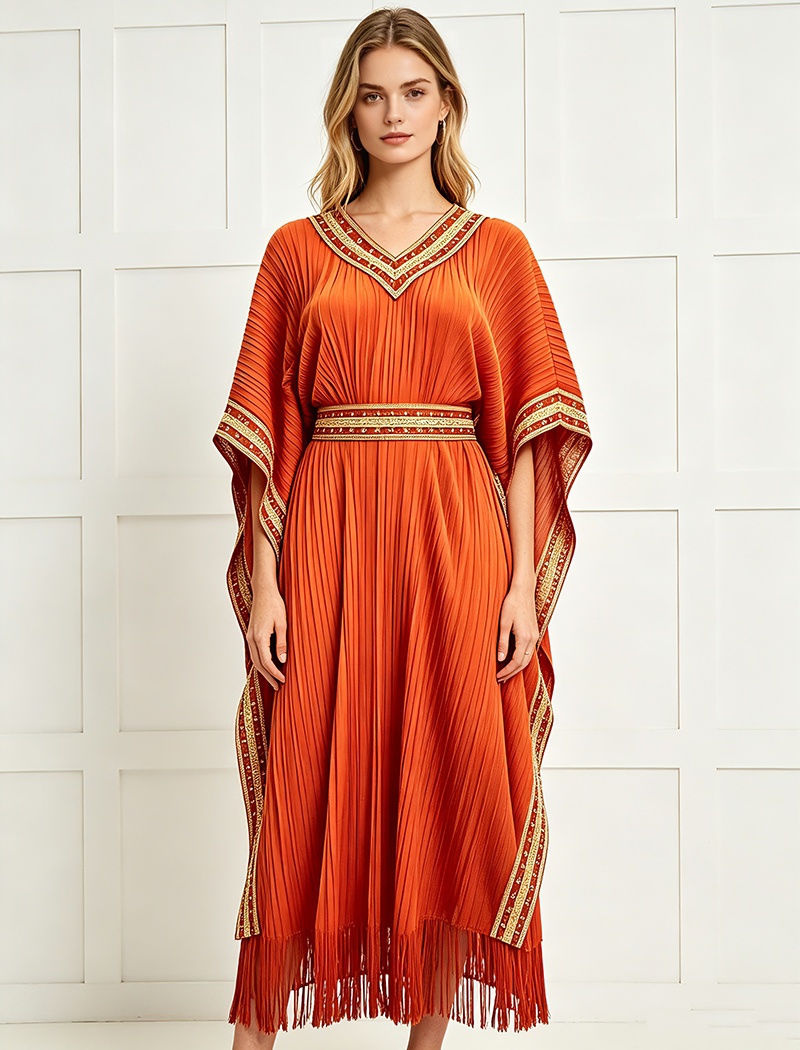Tassels large yard long dress pinched waist light dress