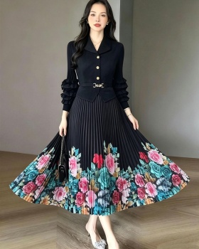 Printing bandage fold doll collar loose dress