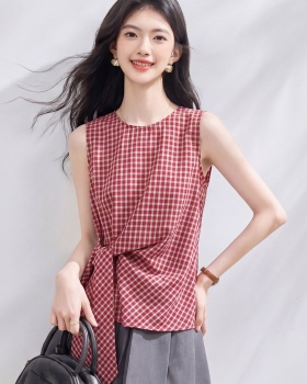 Sleeveless round neck tops plaid vest for women