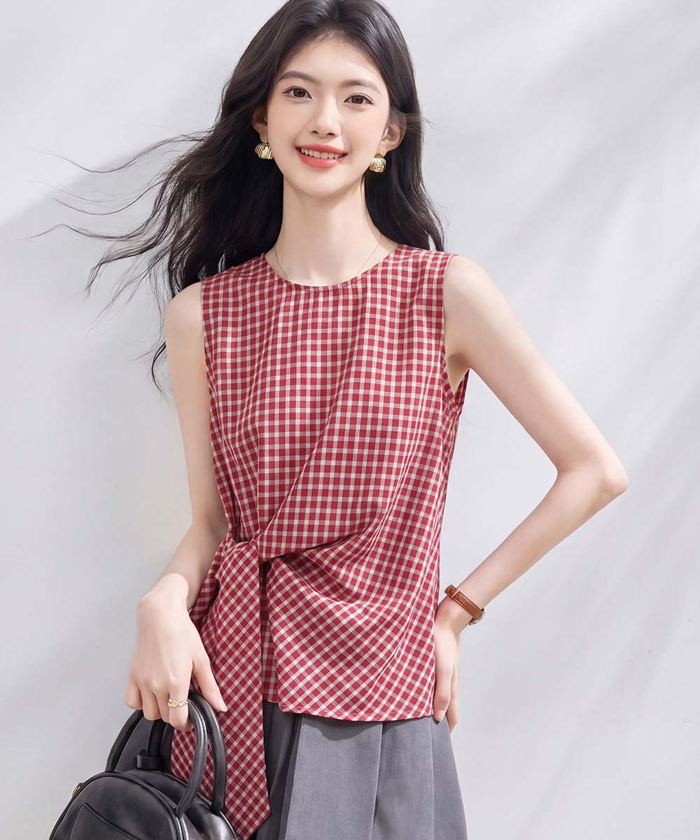 Sleeveless round neck tops plaid vest for women