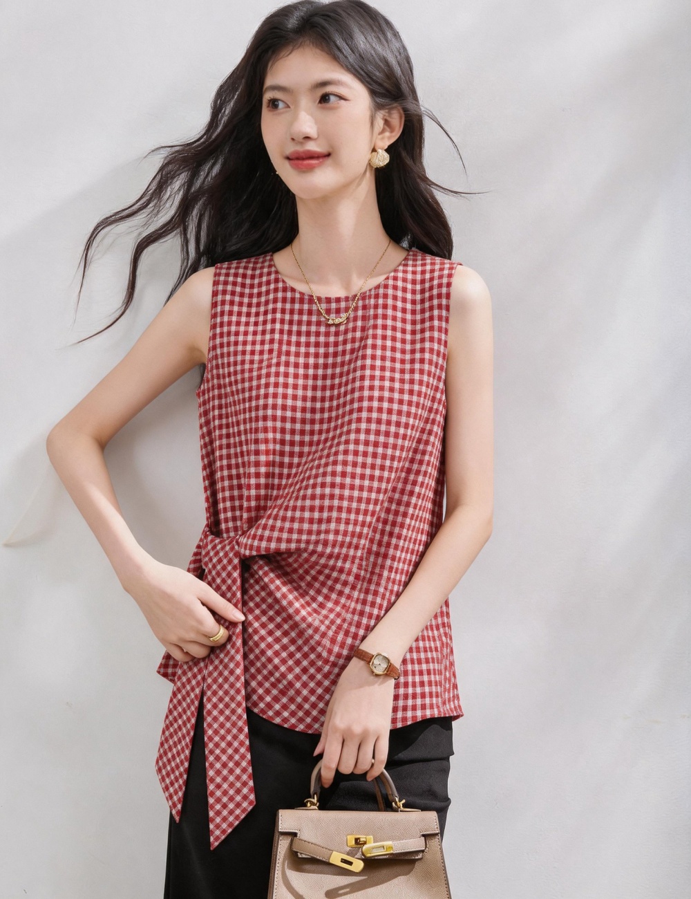 Sleeveless round neck tops plaid vest for women
