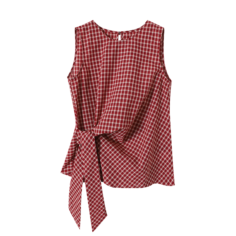 Sleeveless round neck tops plaid vest for women