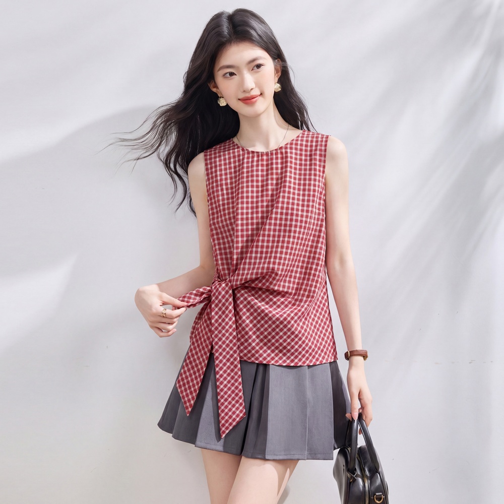 Sleeveless round neck tops plaid vest for women