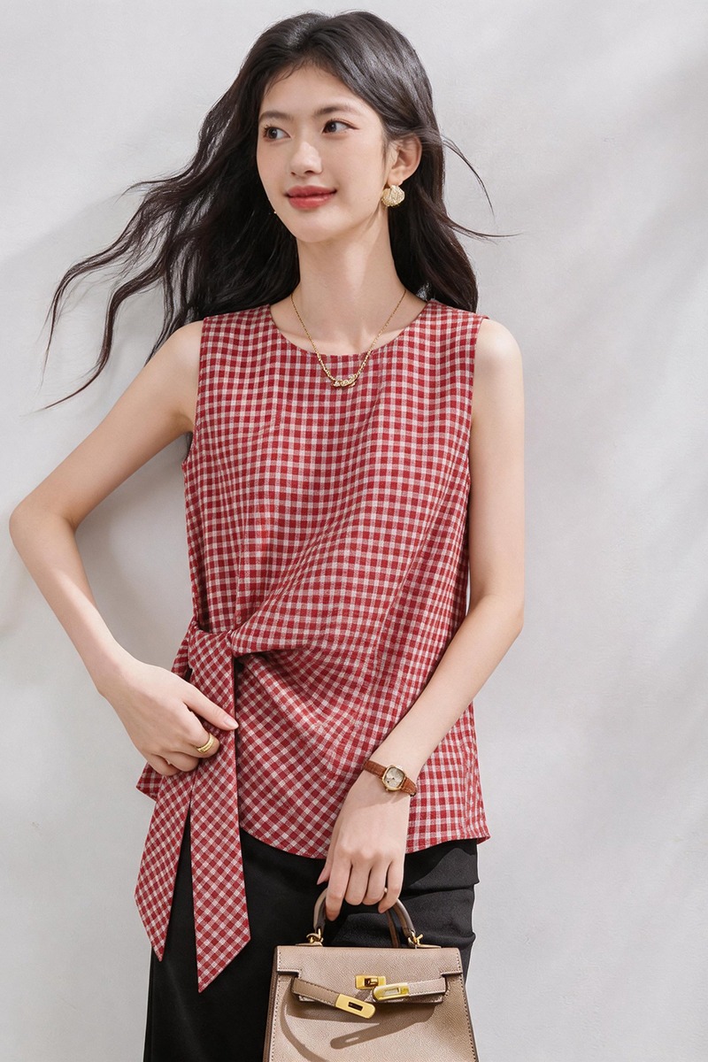 Sleeveless round neck tops plaid vest for women