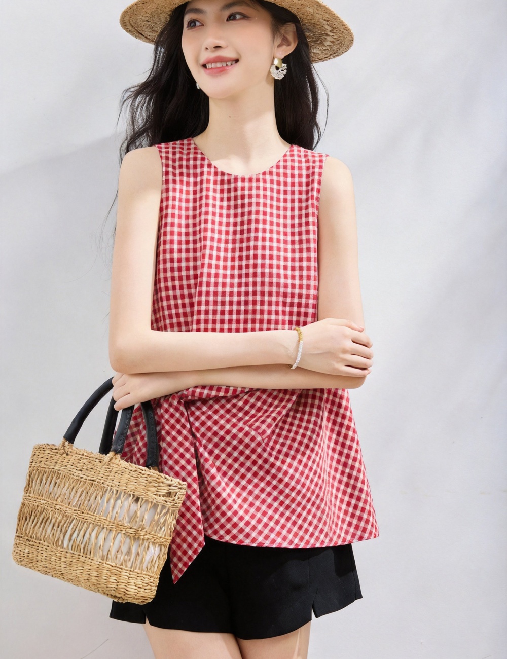 Sleeveless round neck tops plaid vest for women