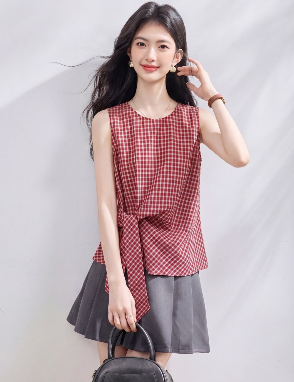 Sleeveless round neck tops plaid vest for women