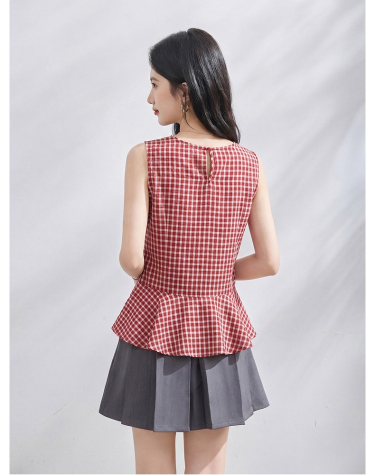 Sleeveless round neck tops plaid vest for women