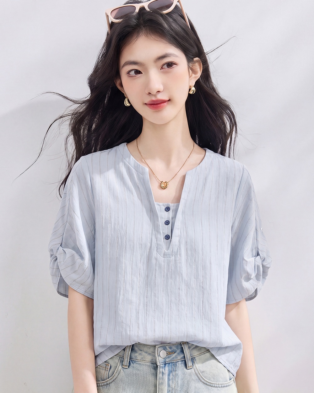 France style summer shirt minimalist blue tops