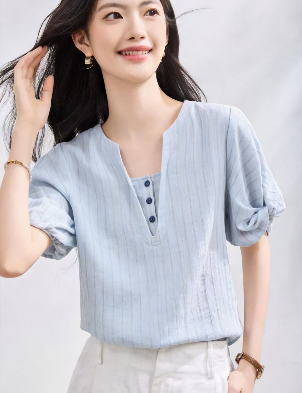 France style summer shirt minimalist blue tops