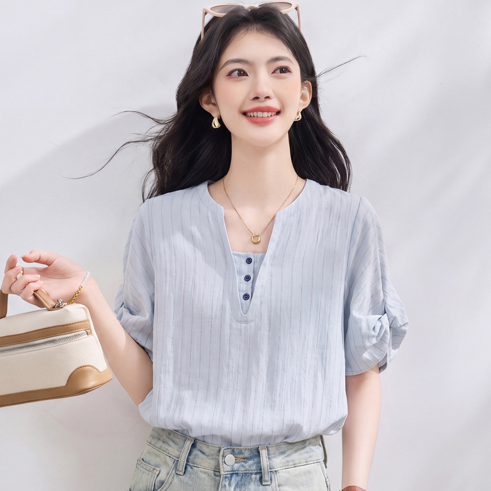 France style summer shirt minimalist blue tops