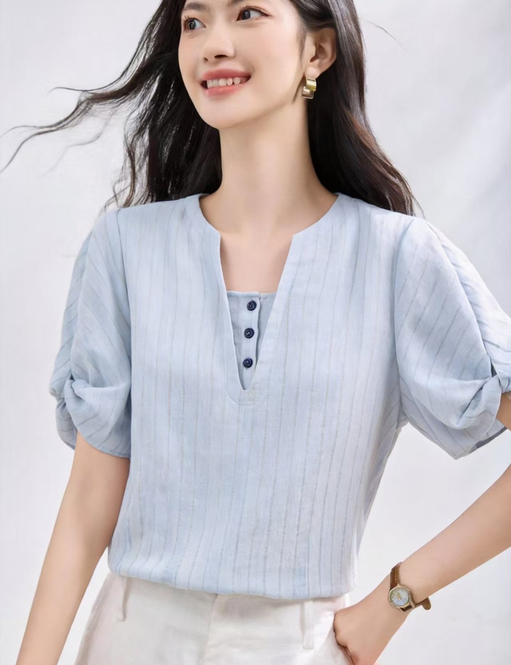 France style summer shirt minimalist blue tops