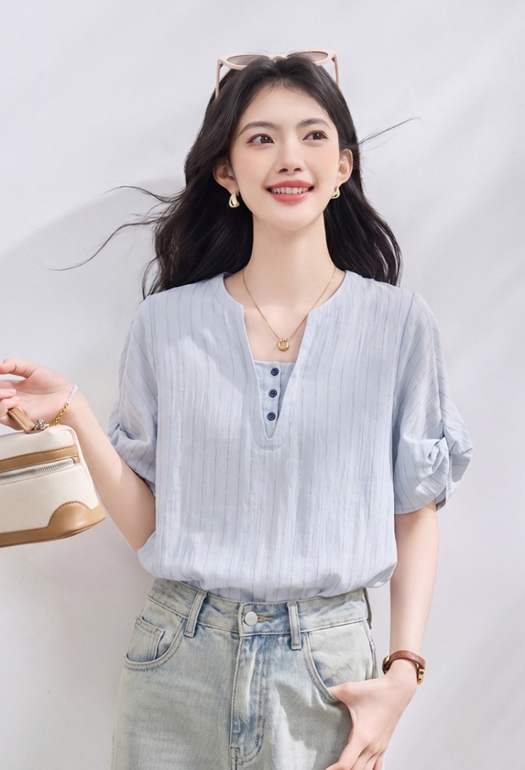 France style summer shirt minimalist blue tops