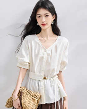 V-neck pinched waist shirt summer loose tops for women