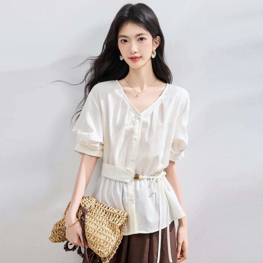 V-neck pinched waist shirt summer loose tops for women