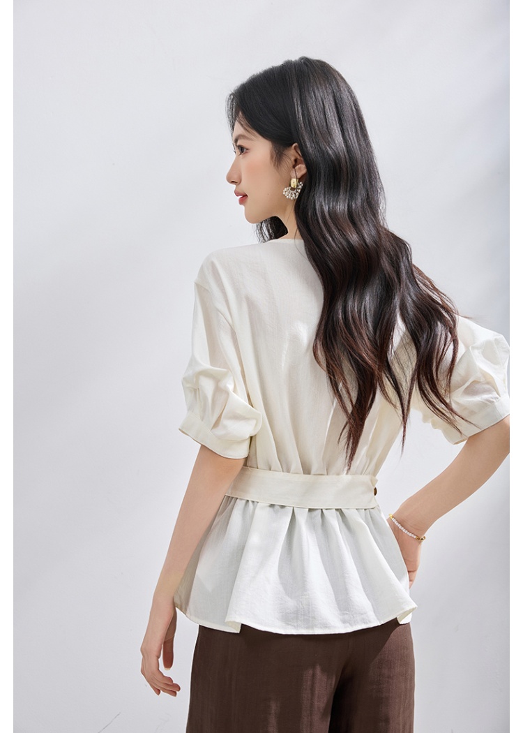 V-neck pinched waist shirt summer loose tops for women