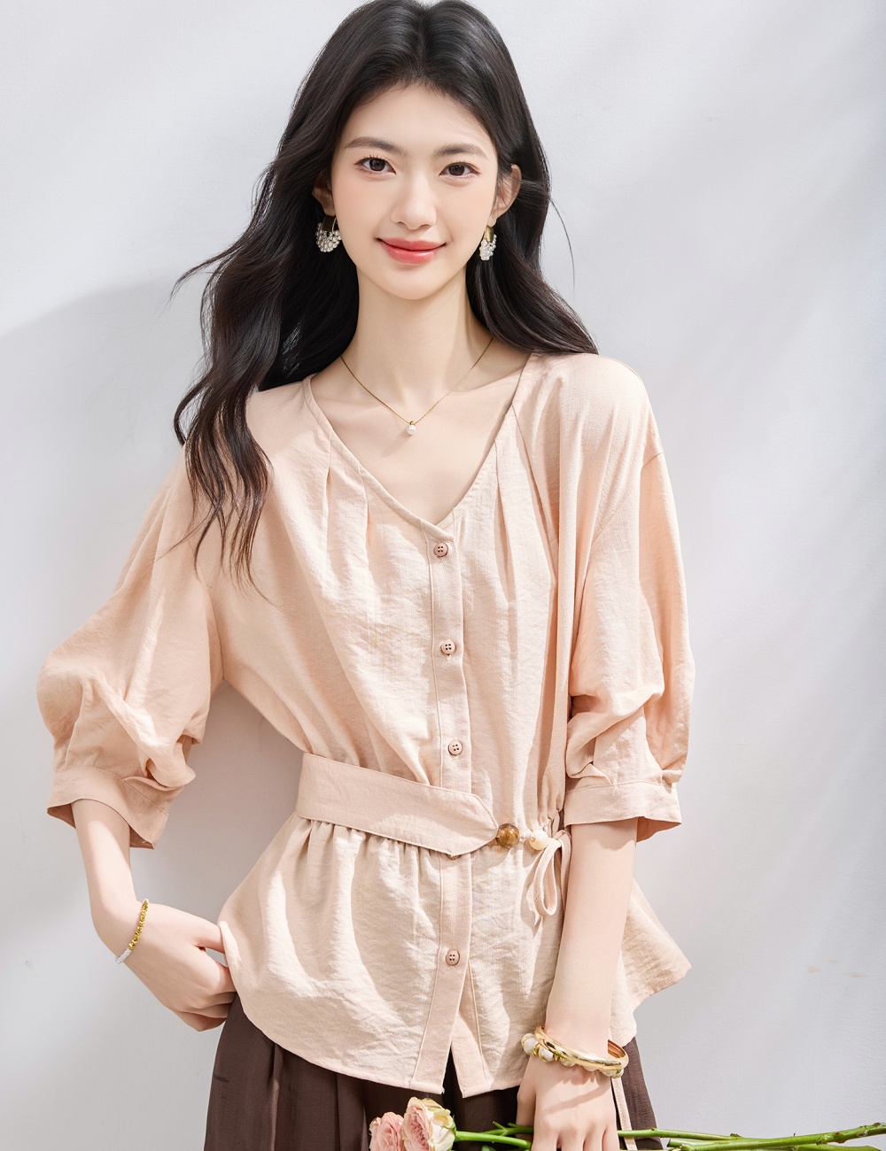 V-neck pinched waist shirt summer loose tops for women