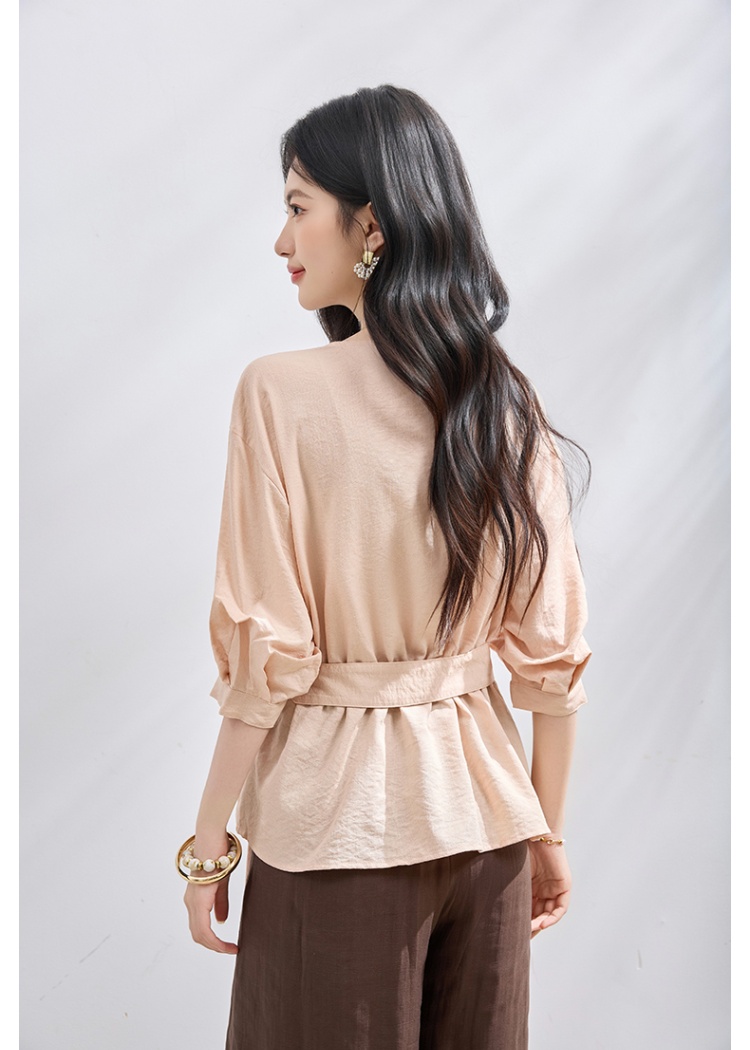 V-neck pinched waist shirt summer loose tops for women