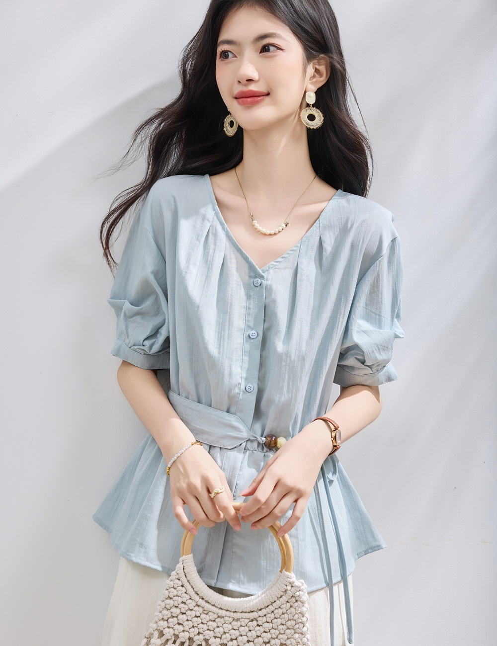 V-neck pinched waist shirt summer loose tops for women