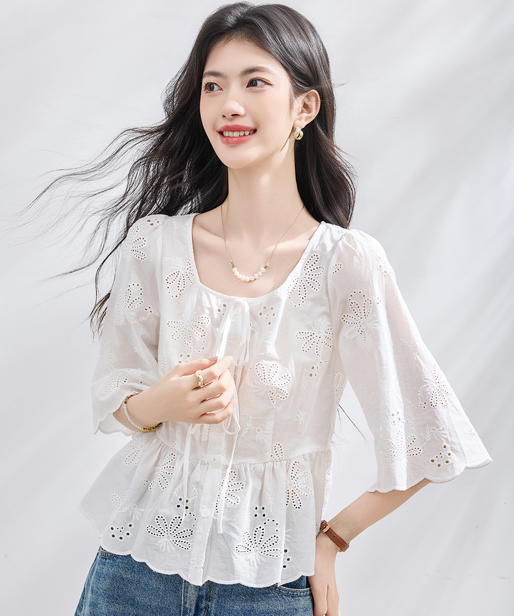 Short sleeve A-line shirt summer embroidered tops