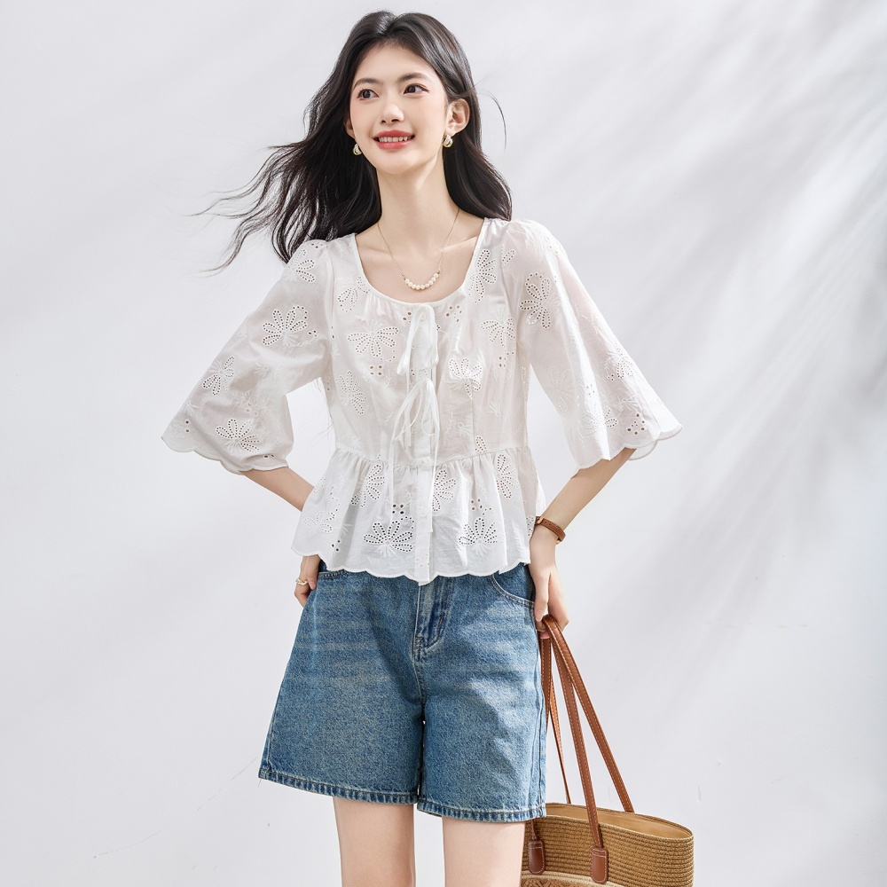 Short sleeve A-line shirt summer embroidered tops