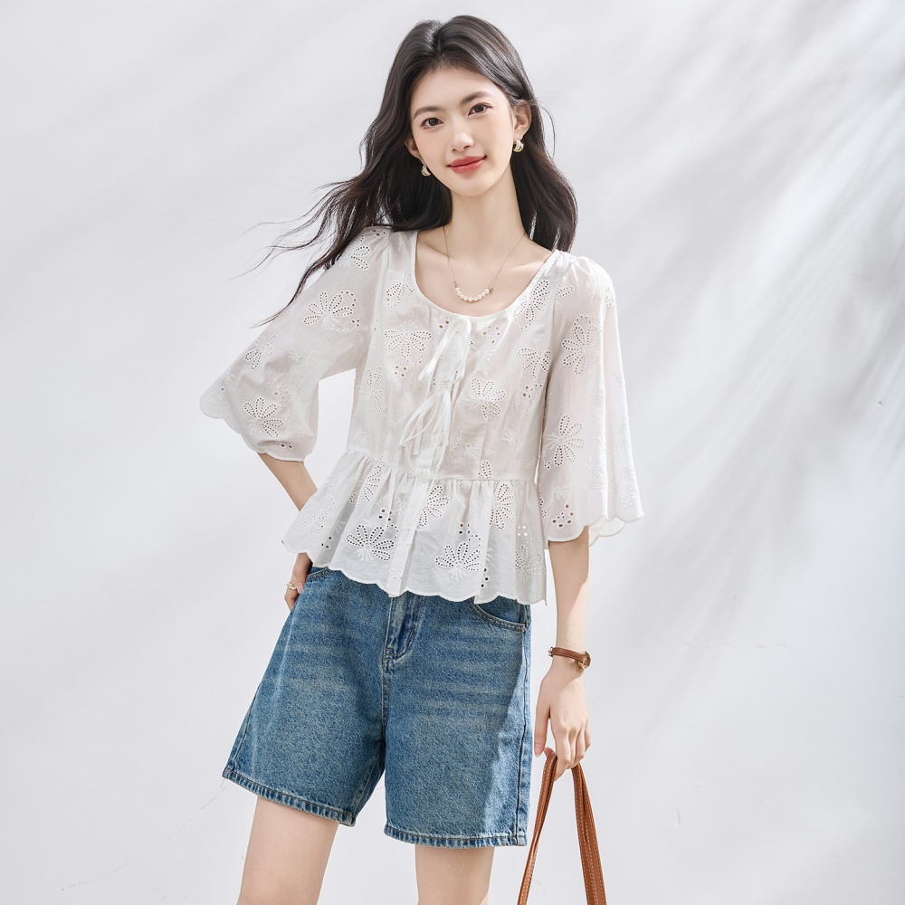 Short sleeve A-line shirt summer embroidered tops