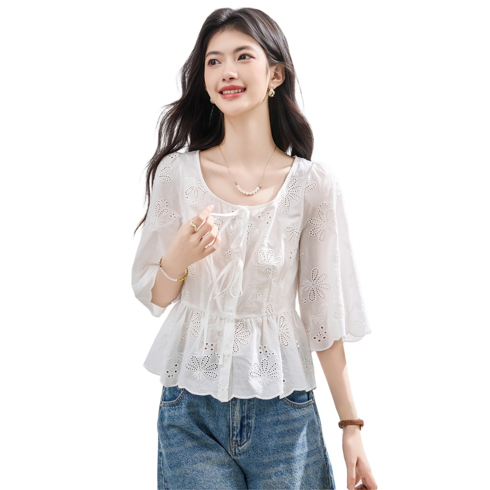 Short sleeve A-line shirt summer embroidered tops