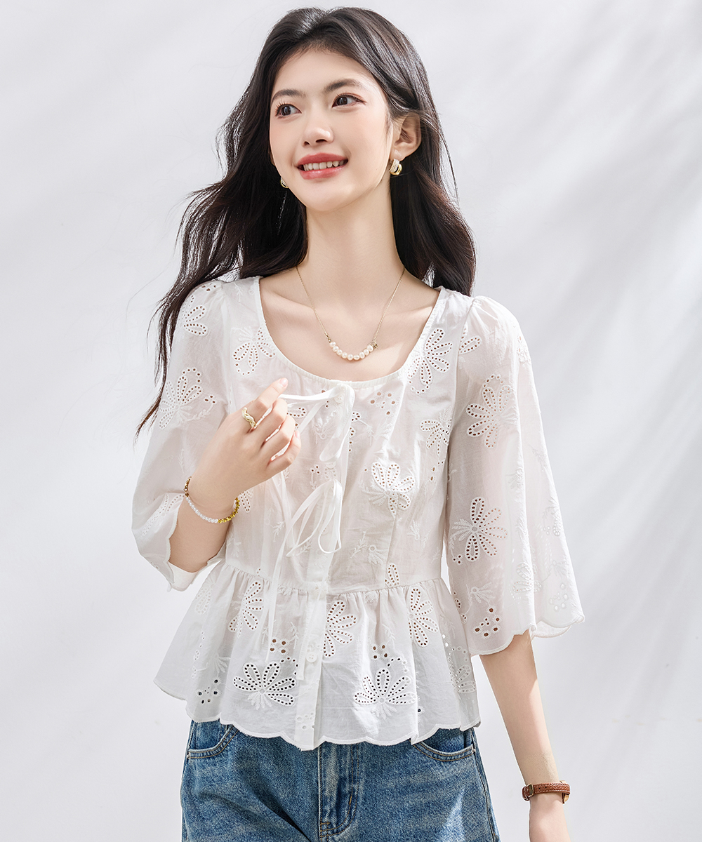Short sleeve A-line shirt summer embroidered tops