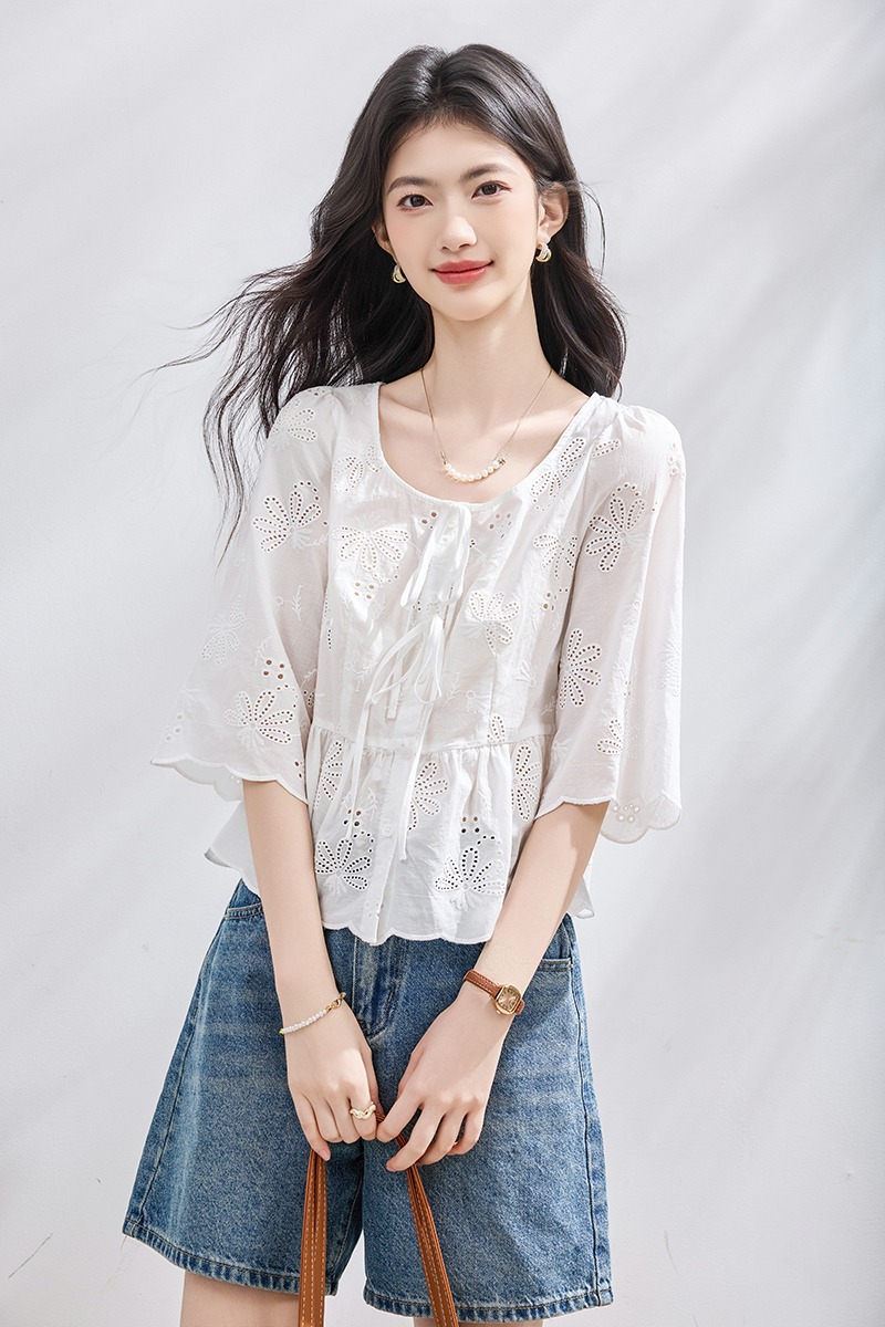 Short sleeve A-line shirt summer embroidered tops