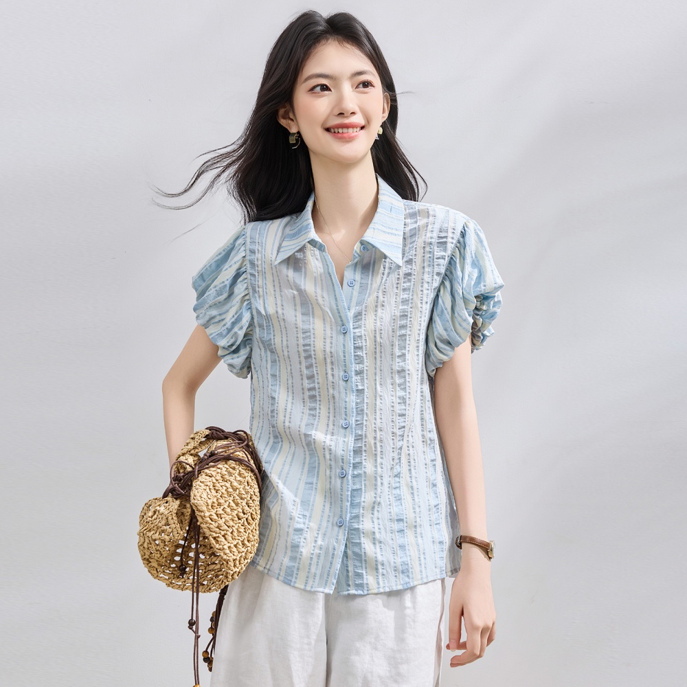 Summer blue shirt show young small shirt for women