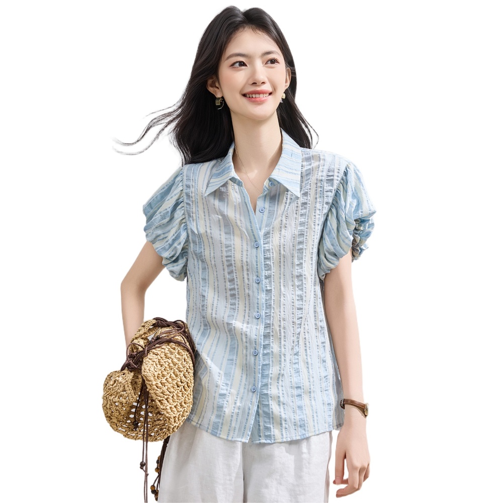 Summer blue shirt show young small shirt for women