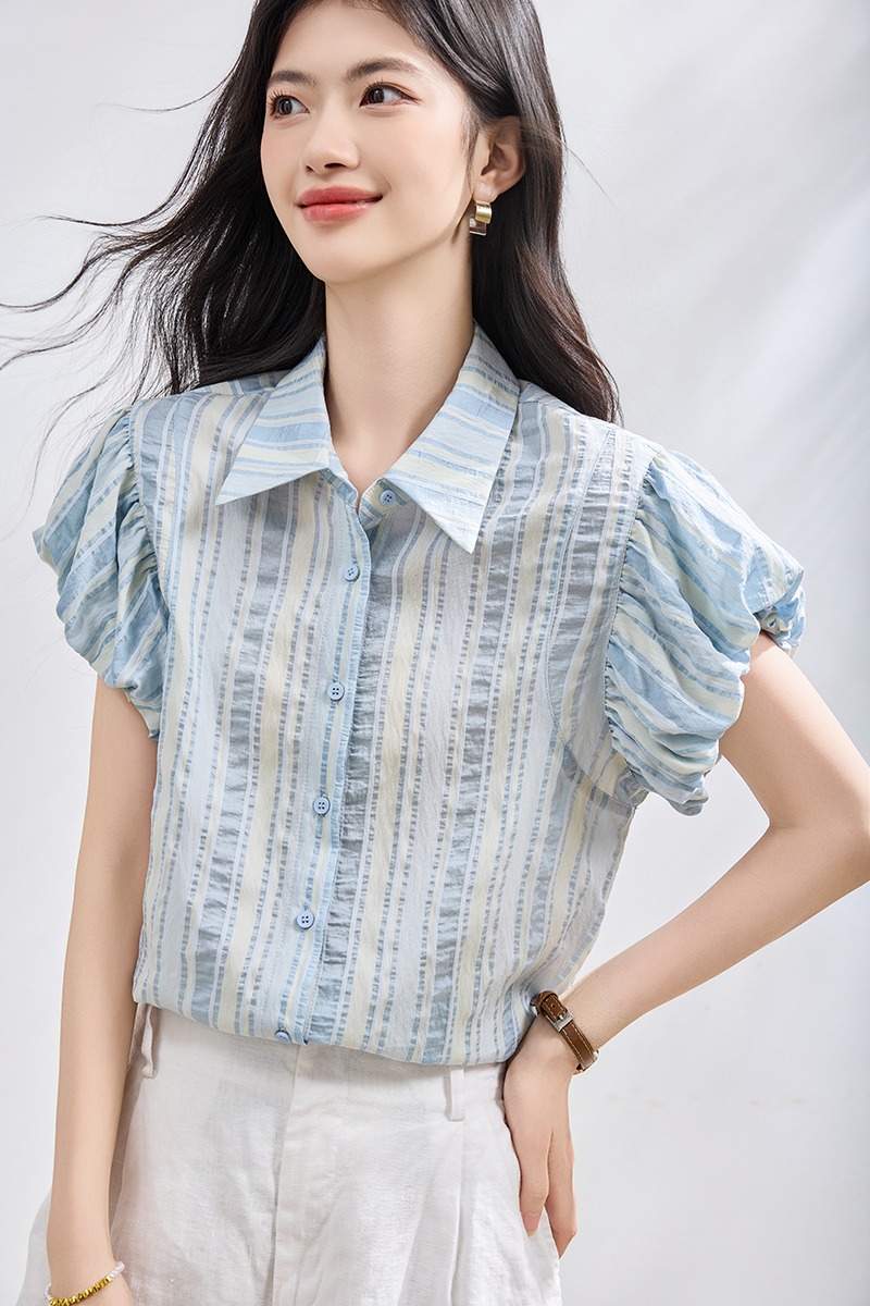 Summer blue shirt show young small shirt for women