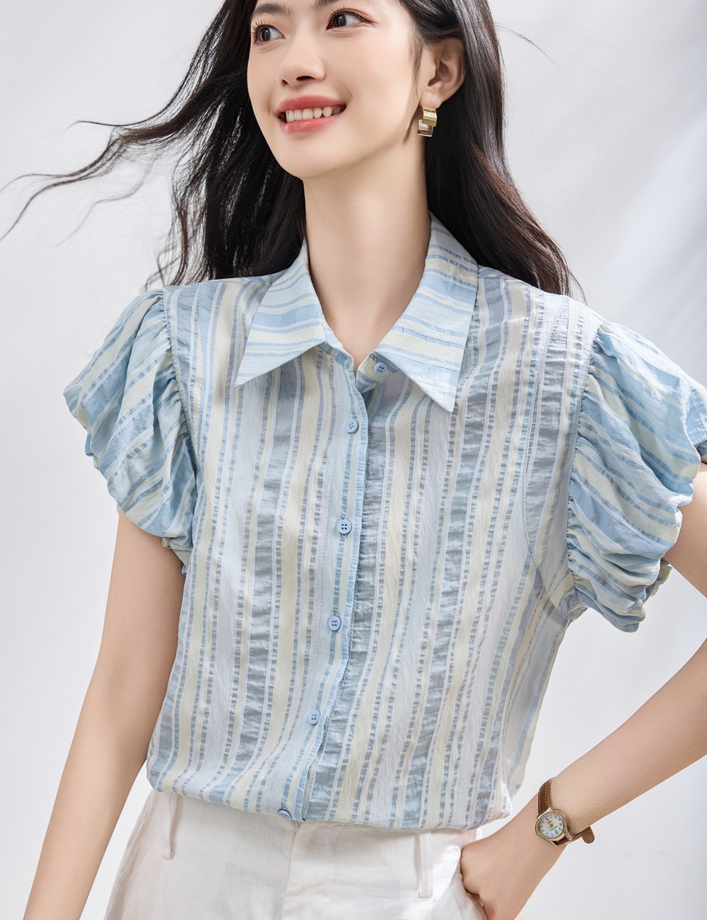 Summer blue shirt show young small shirt for women