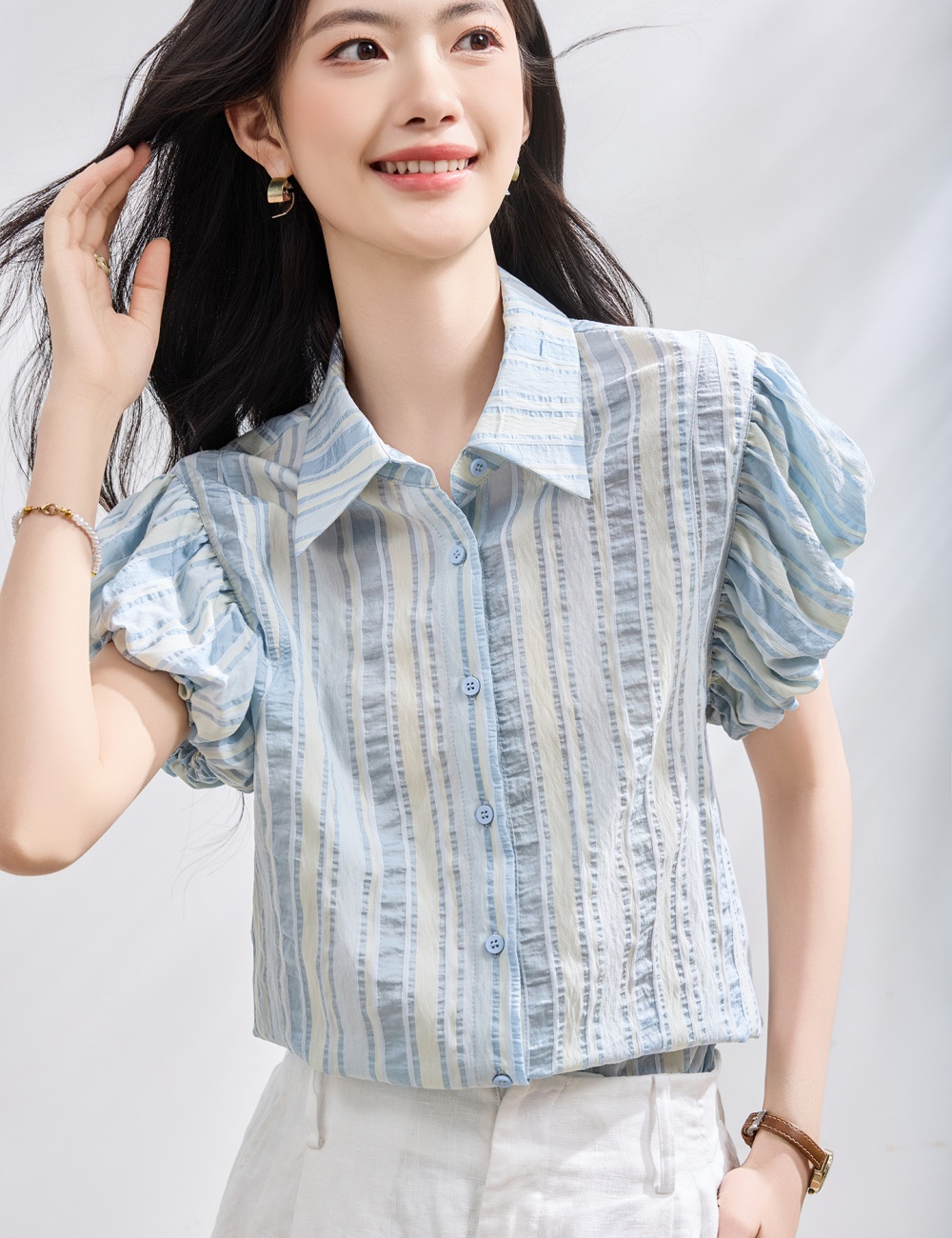 Summer blue shirt show young small shirt for women