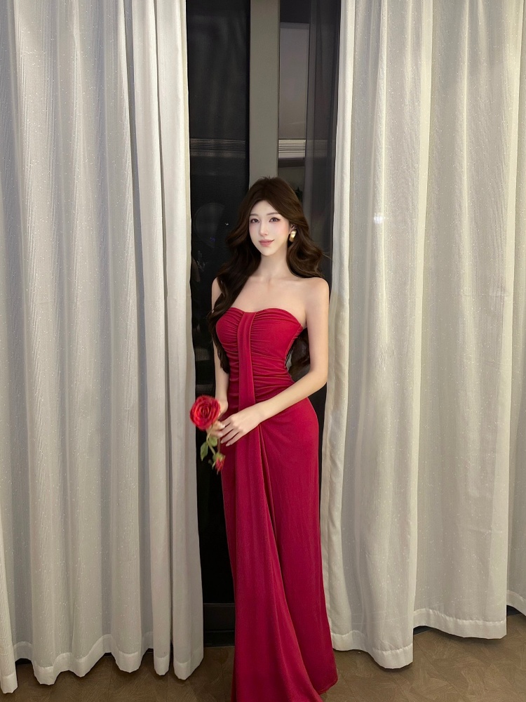 Spicegirl sexy long dress fold wrapped chest dress for women