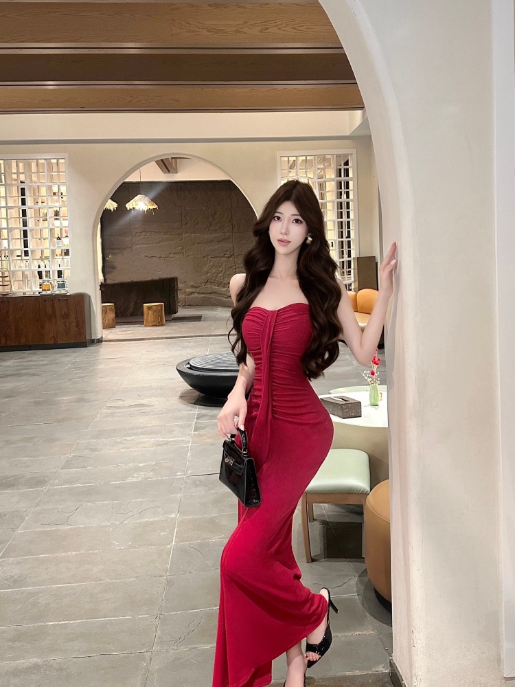 Spicegirl sexy long dress fold wrapped chest dress for women