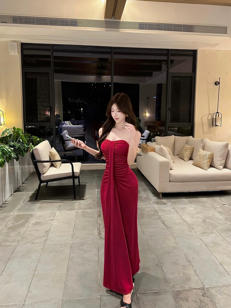 Spicegirl sexy long dress fold wrapped chest dress for women