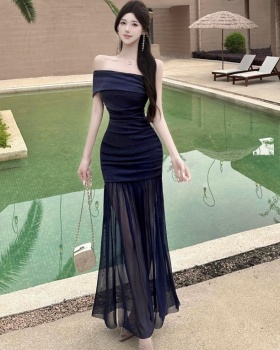 Gauze pinched waist dress fold long dress for women