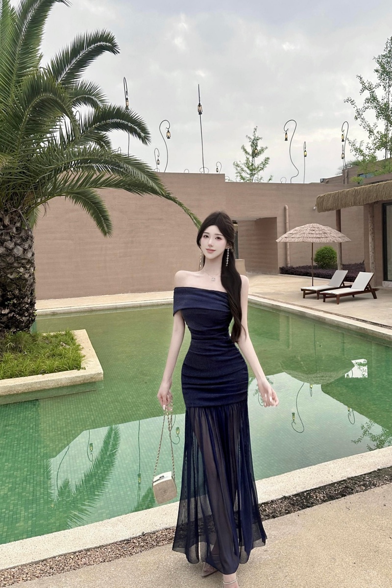 Gauze pinched waist dress fold long dress for women