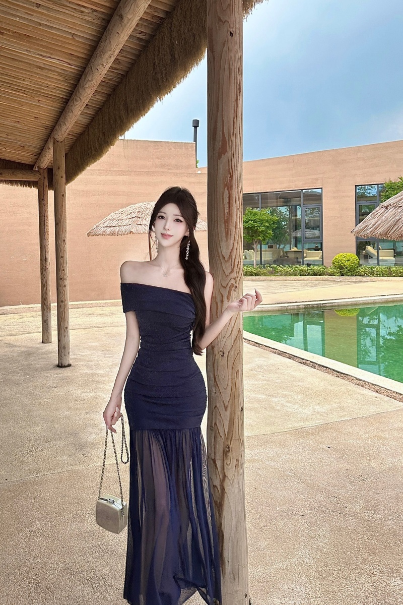 Gauze pinched waist dress fold long dress for women