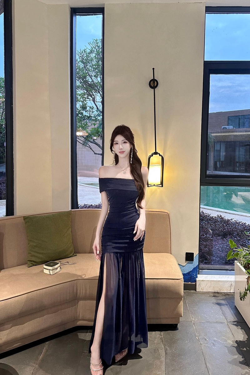 Gauze pinched waist dress fold long dress for women