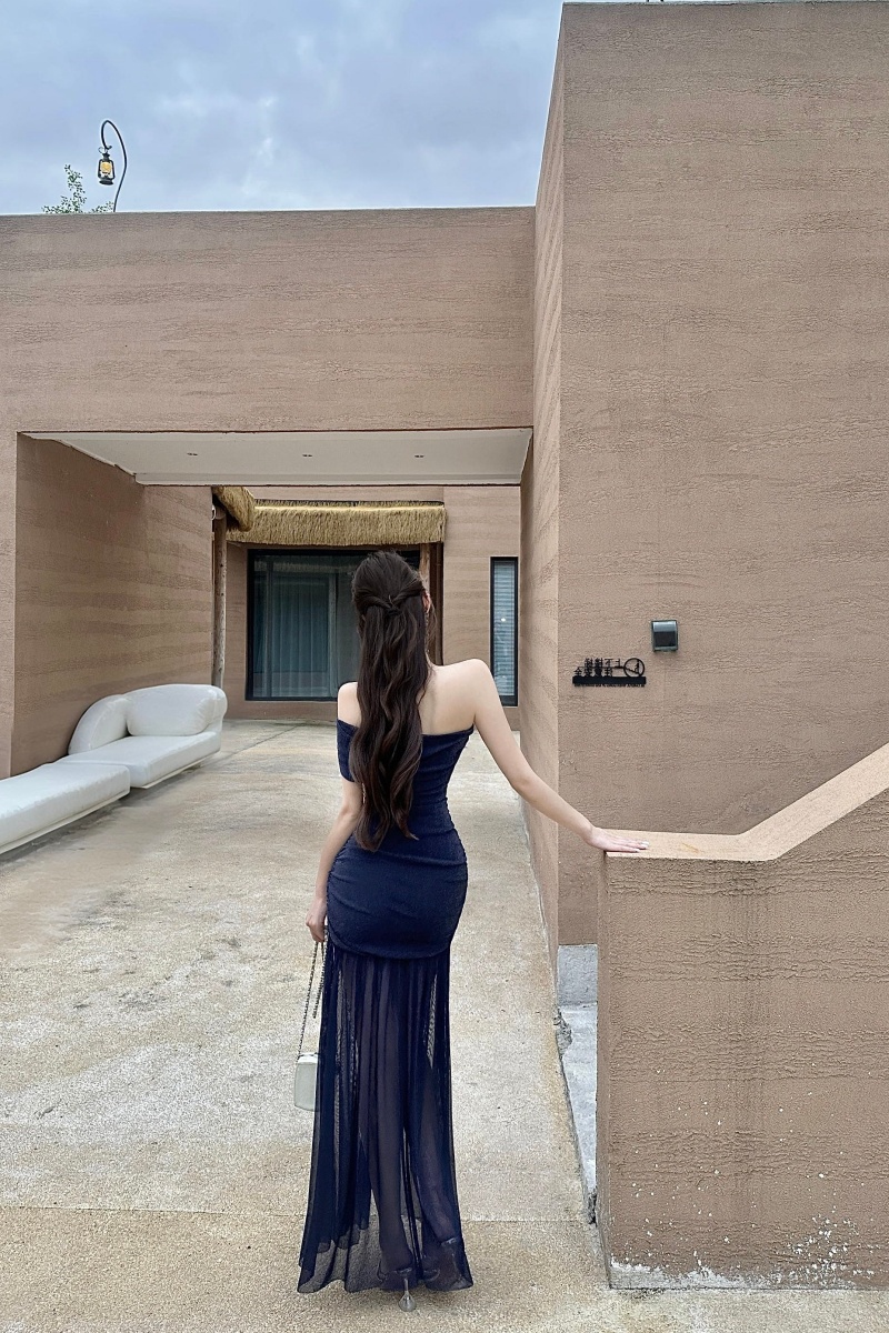 Gauze pinched waist dress fold long dress for women