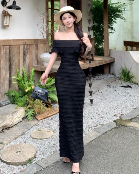 Slim flat shoulder vacation seaside long package hip dress