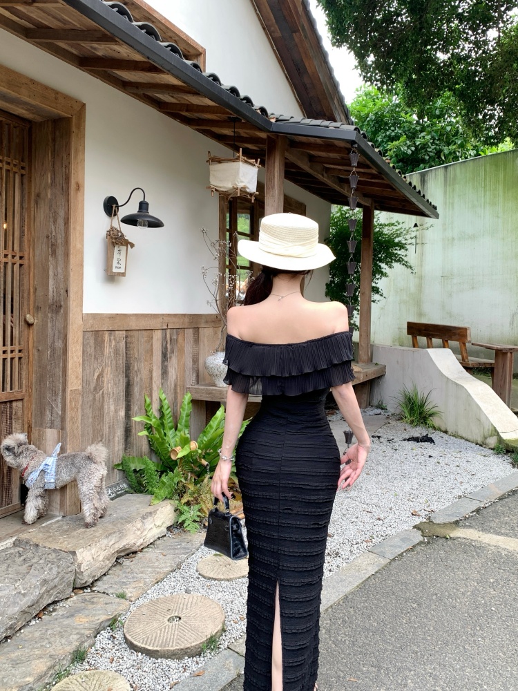 Slim flat shoulder vacation seaside long package hip dress