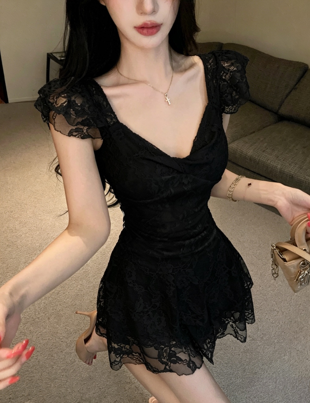 Summer slim V-neck gauze retro dress for women