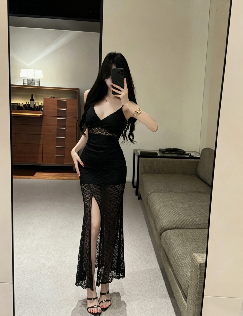 Enticement sling low-cut dress lace slim long dress